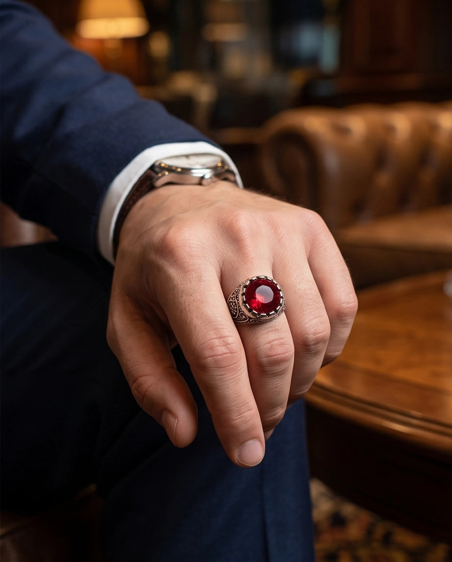 Crimson Monarch Silver Signet Ring