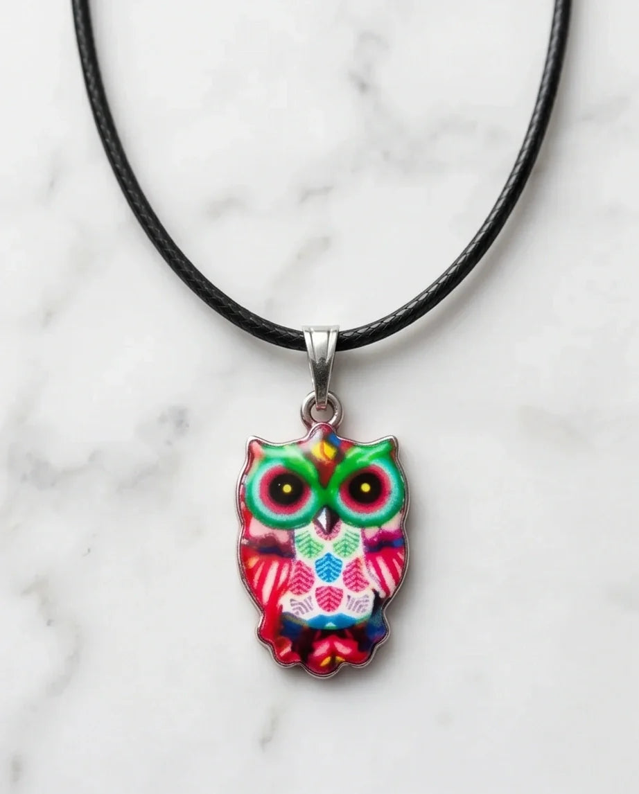 Vibrant Kaleidoscope Owl Totem Pendant Necklace