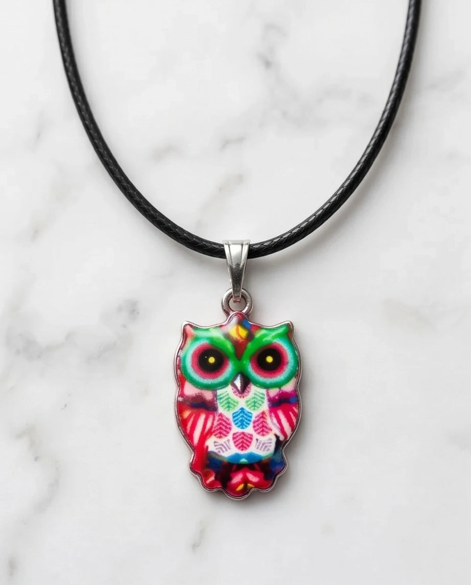Vibrant Kaleidoscope Owl Totem Pendant Necklace