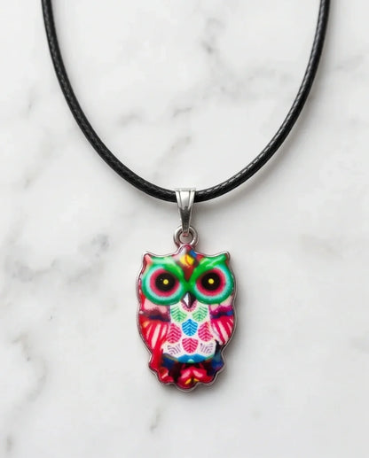 Vibrant Kaleidoscope Owl Totem Pendant Necklace
