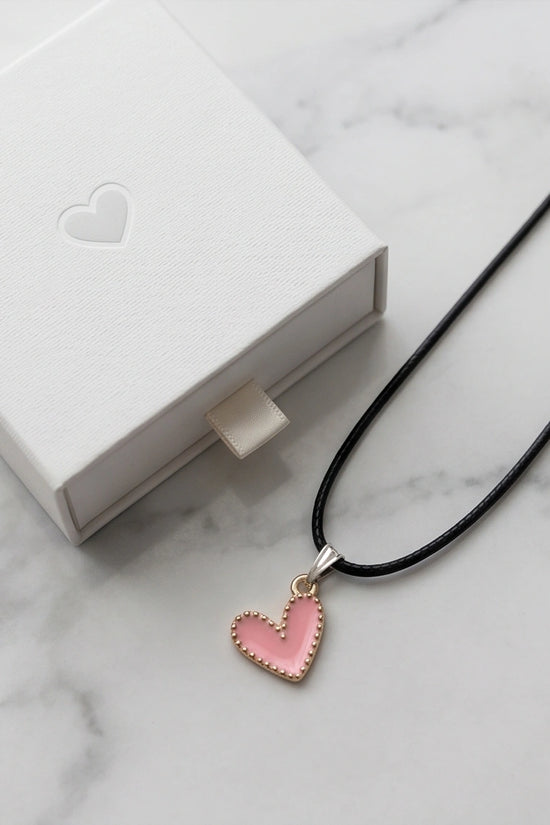 Pink Beaded-Edge Heart Enamel Pendant Necklace
