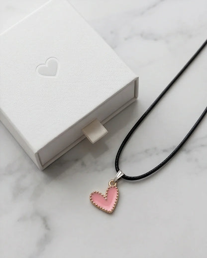 Pink Beaded-Edge Heart Enamel Pendant Necklace