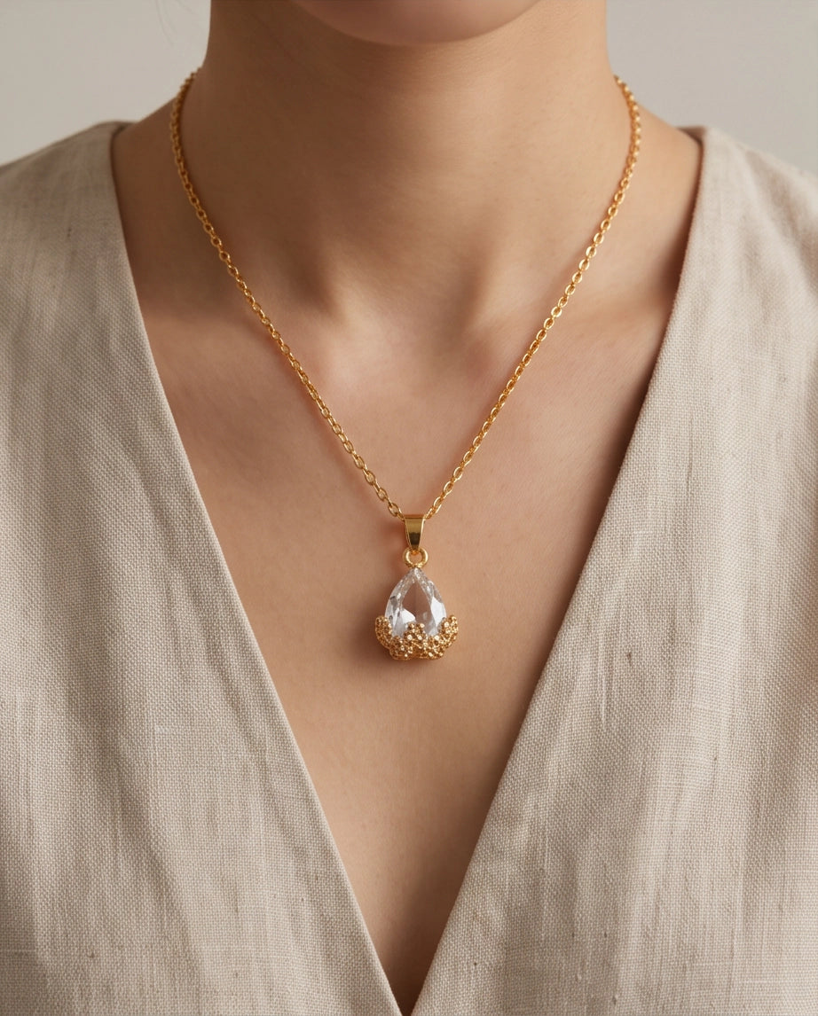 Gold Clear Teardrop Floral Basket Pendant Necklace