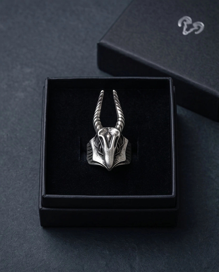 Oxidized Silver Horned Skull Sculpted Ring