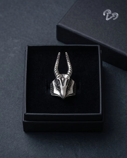 Oxidized Silver Horned Skull Sculpted Ring