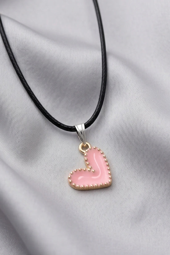 Pink Beaded-Edge Heart Enamel Pendant Necklace