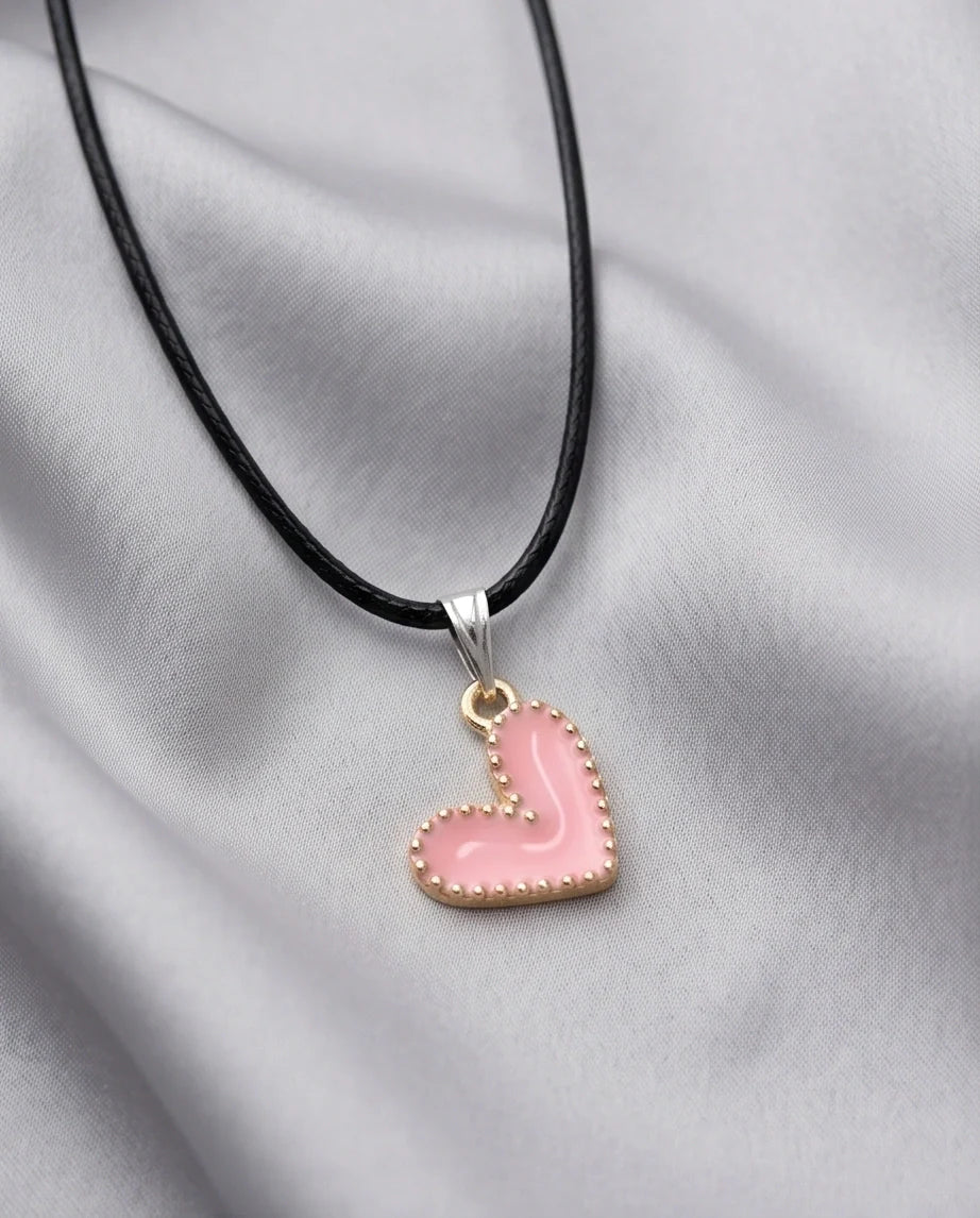Pink Beaded-Edge Heart Enamel Pendant Necklace