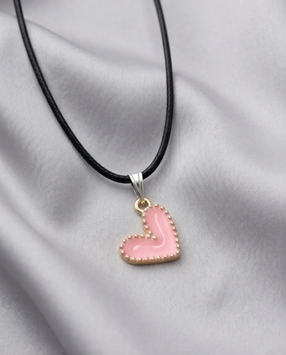 Pink Beaded-Edge Heart Enamel Pendant Necklace