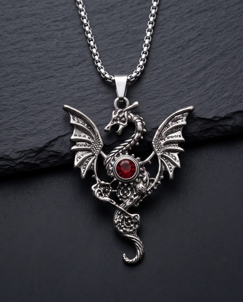 Silver Red Gemstone Dragon Pendant Necklace