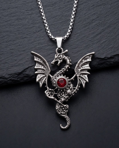 Silver Red Gemstone Dragon Pendant Necklace