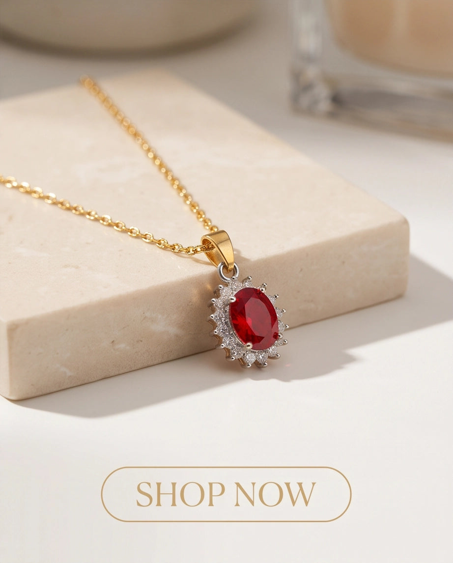 Silver Garnet Red Oval Halo Medallion Pendant Necklace