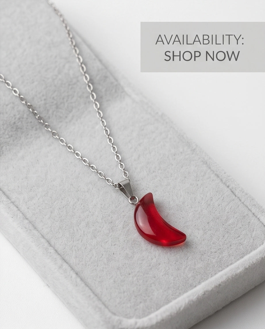 Silver Carnelian Red Crescent Moon Pendant Necklace
