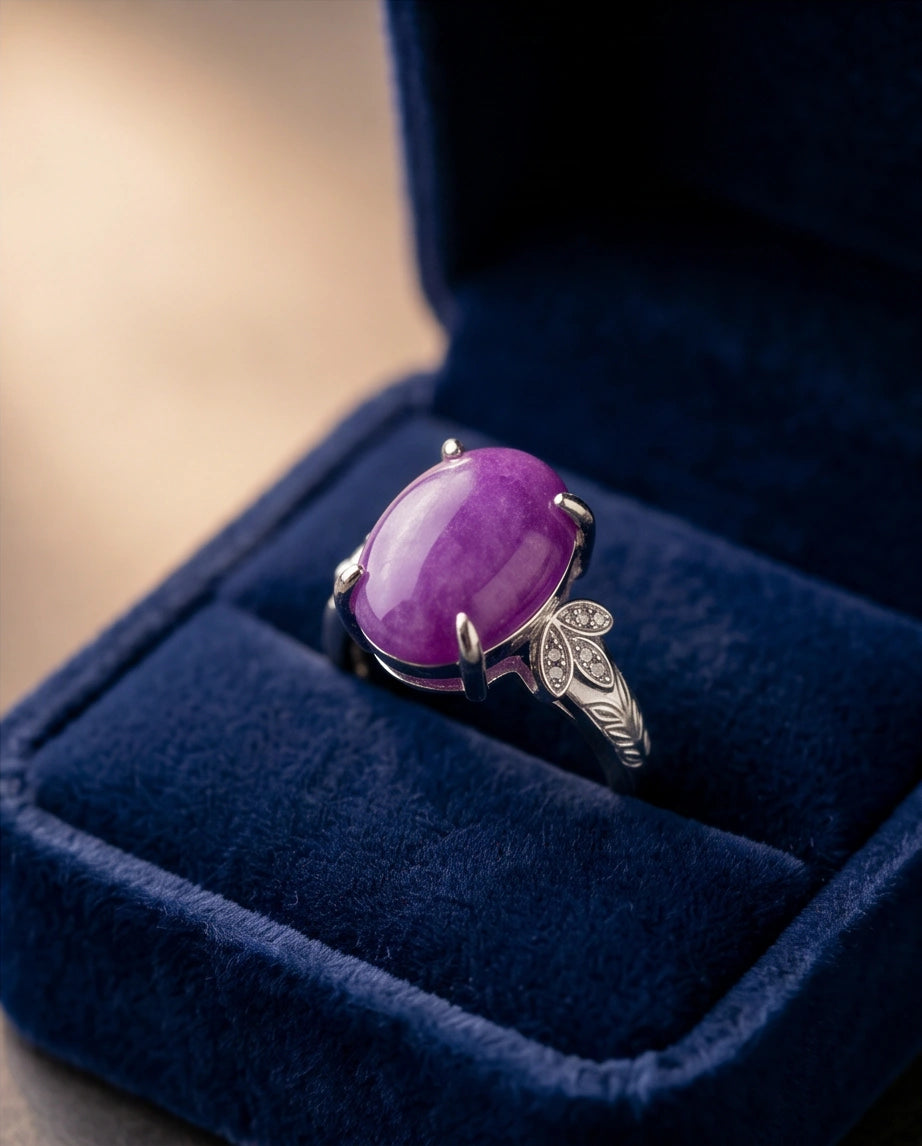 "Ethereal Purple Jade Leaf Statement Ring"