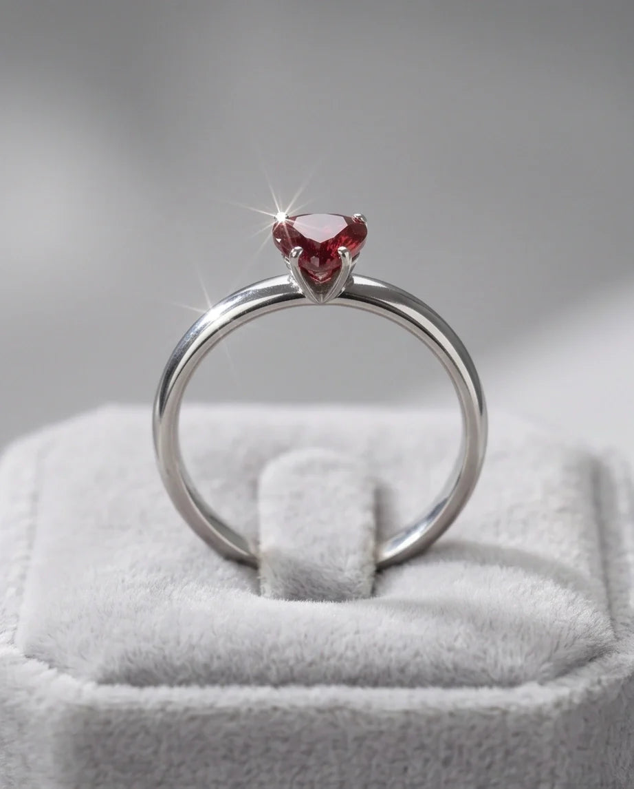 Sterling Silver Heart-Cut Crimson Ruby Solitaire Ring