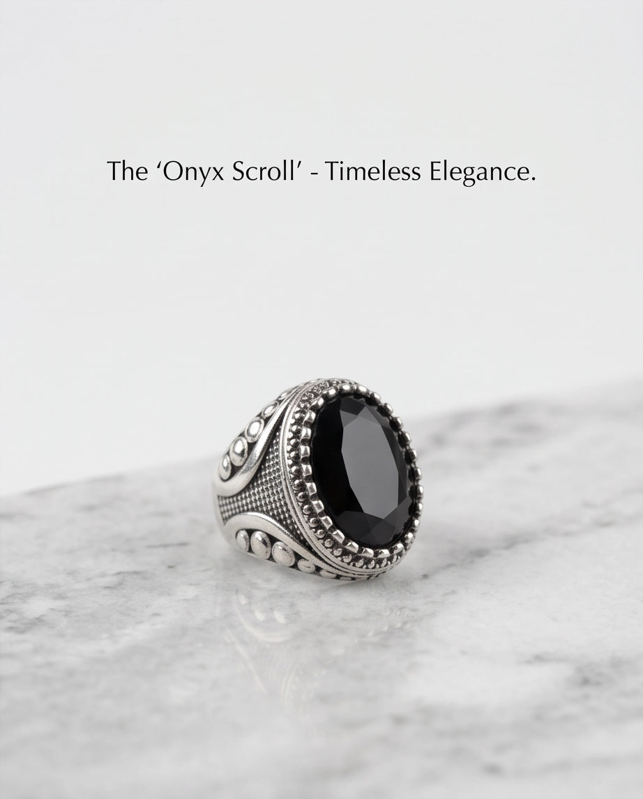 Black Gemstone Double Beaded Frame Studded Silver Ring