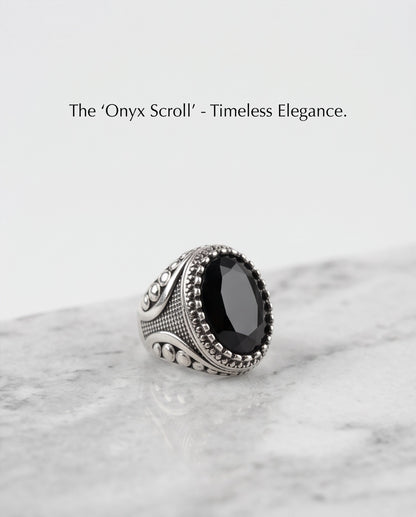 Black Gemstone Double Beaded Frame Studded Silver Ring