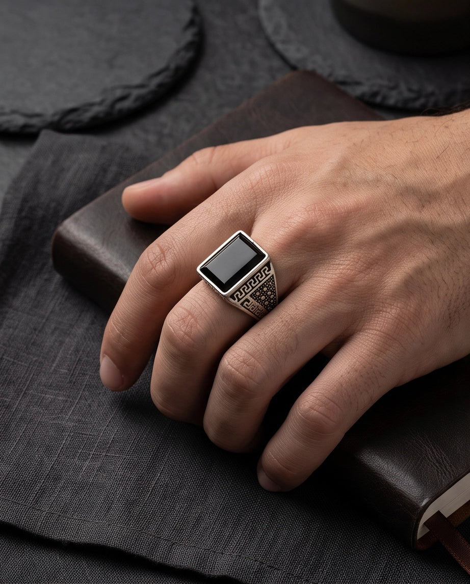 Onyx Gemstone Rectangular Flat-Top Greek Key Silver Ring