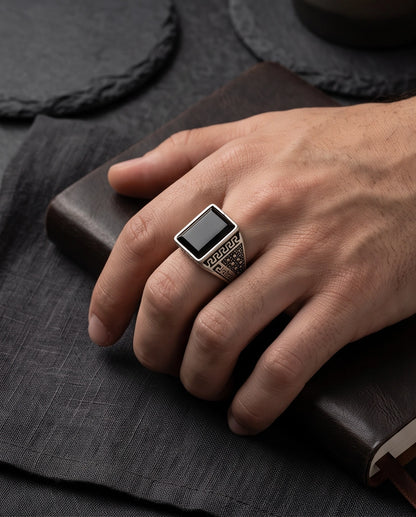Onyx Gemstone Rectangular Flat-Top Greek Key Silver Ring