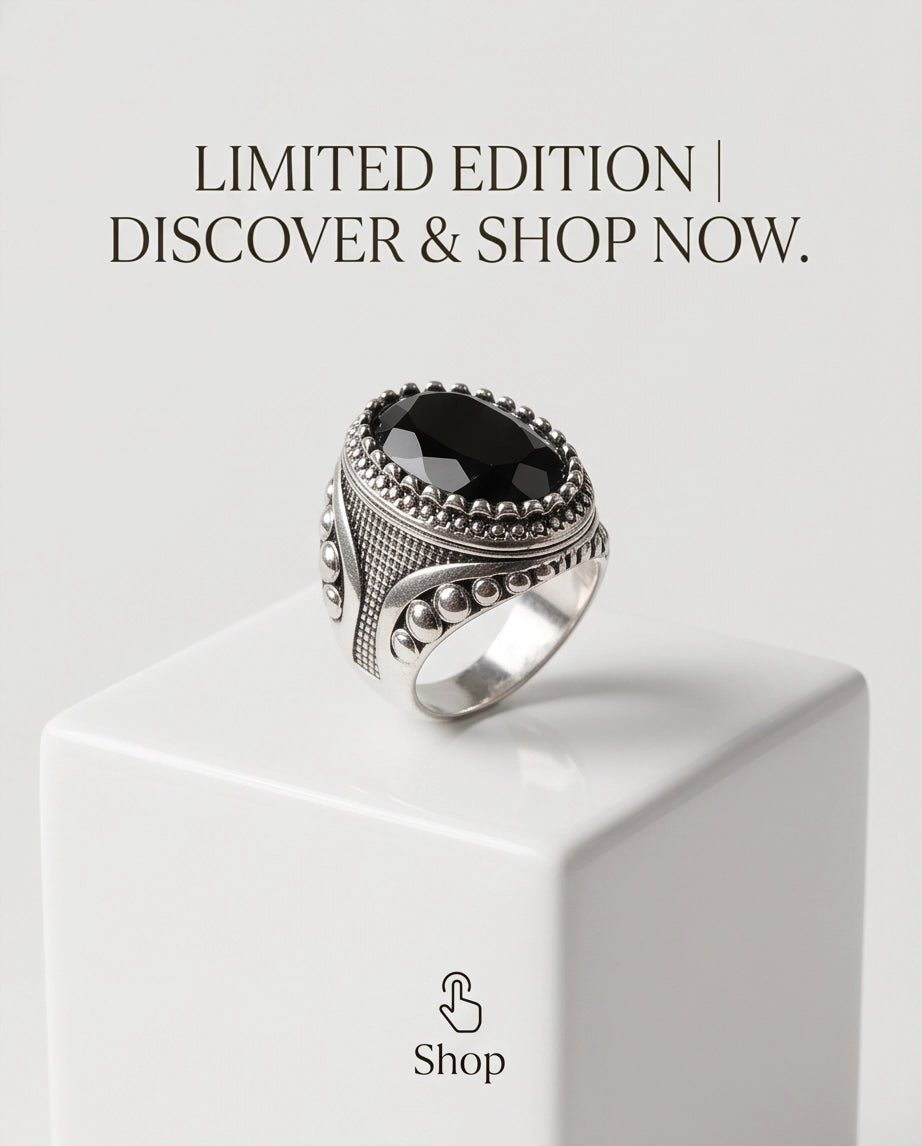 Black Gemstone Double Beaded Frame Studded Silver Ring