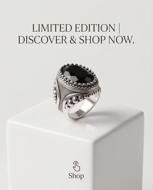 Black Gemstone Double Beaded Frame Studded Silver Ring