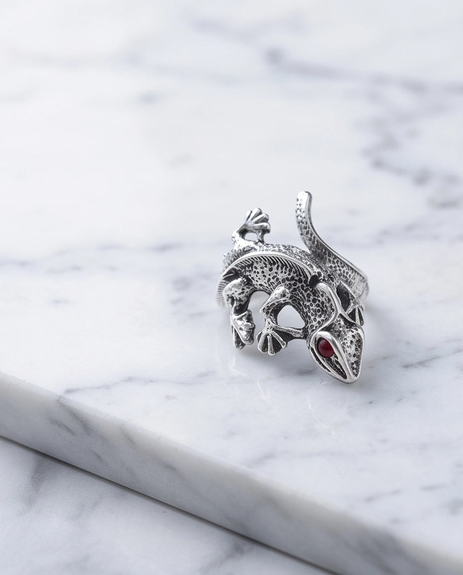 Ruby-Eyed Sculpted Lizard Wrap Ring
