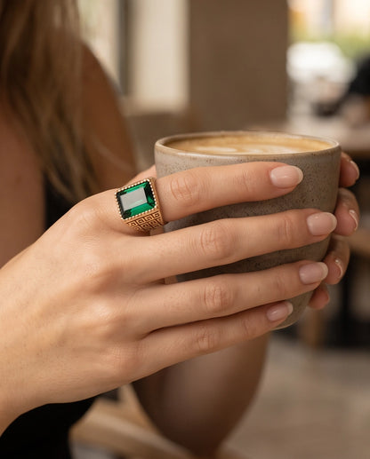 Emerald Cut Beaded-Rim Greek Key Gold Ring