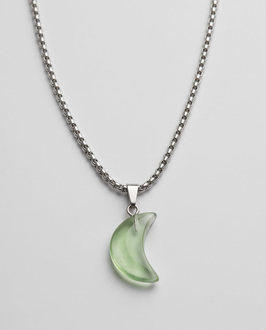 Silver Fluorite Light Green Crescent Moon Pendant Necklace