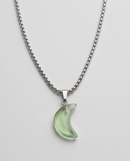 Silver Fluorite Light Green Crescent Moon Pendant Necklace