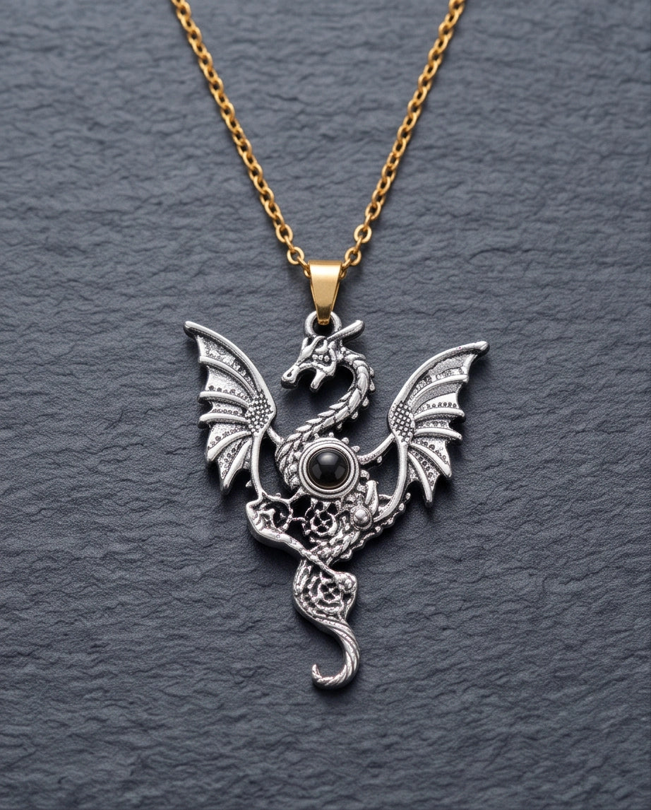 Silver Black Gemstone Dragon Pendant Necklace