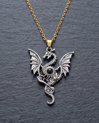 Silver Black Gemstone Dragon Pendant Necklace