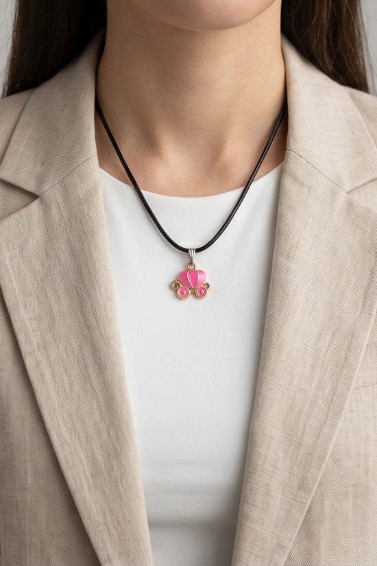 Pink Cinderella Pumpkin Carriage Enamel Pendant Necklace