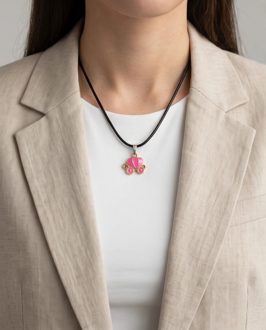 Pink Cinderella Pumpkin Carriage Enamel Pendant Necklace