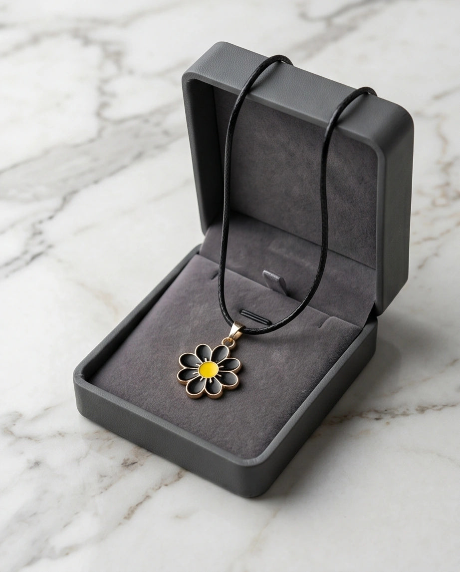 Gold and Black Daisy Pendant Necklace