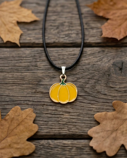 Festive Yellow Pumpkin Enamel Pendant Necklace