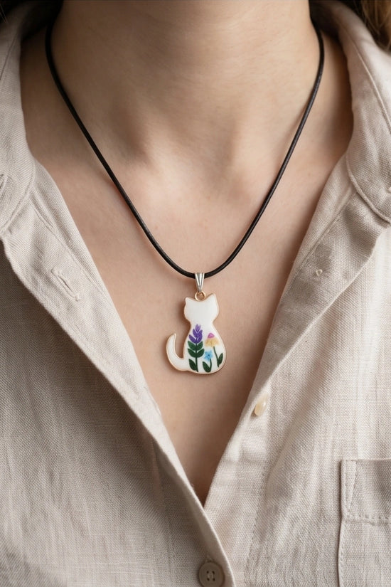 Artistic Floral Botanical Feline Silhouette Pendant Necklace