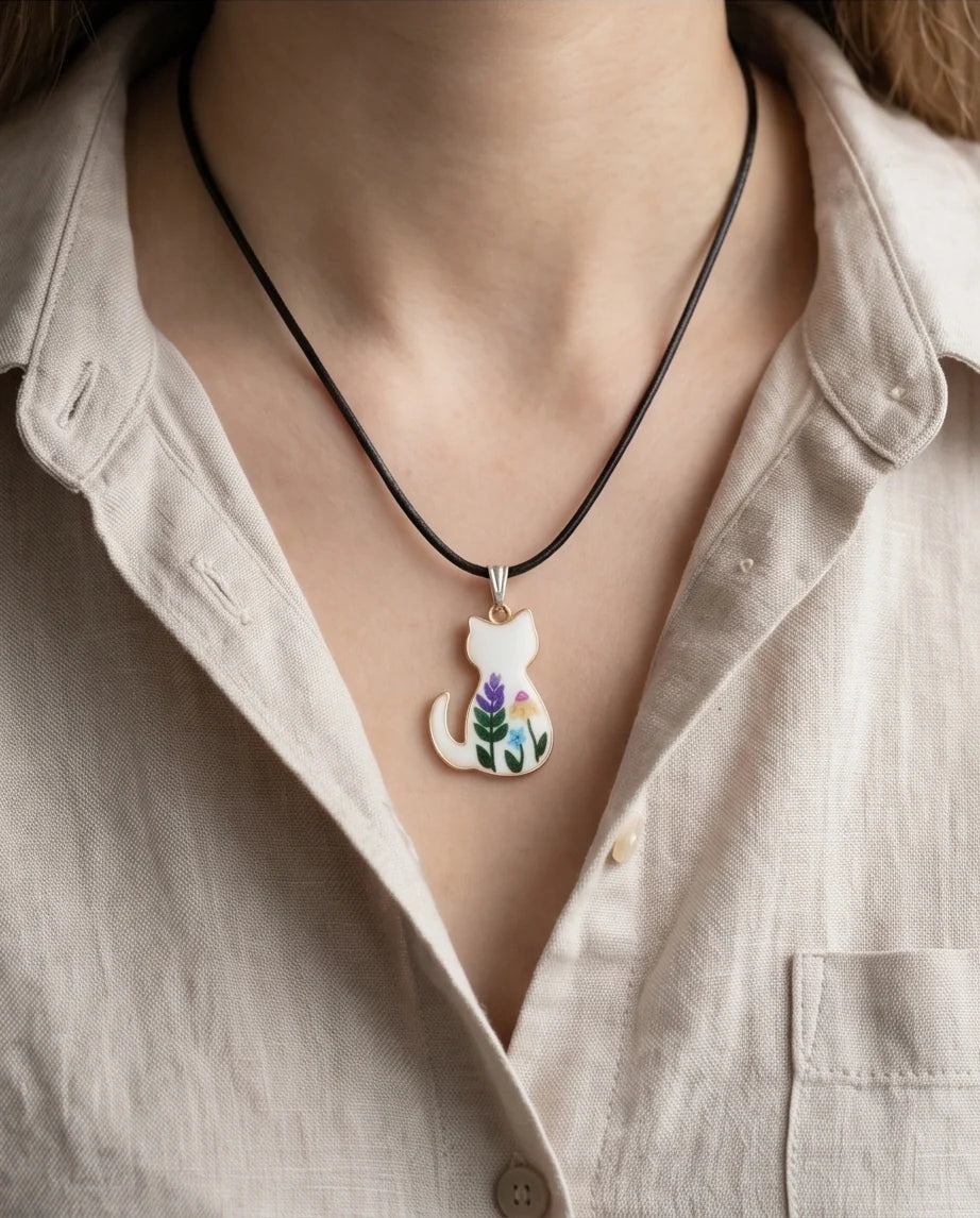 Artistic Floral Botanical Feline Silhouette Pendant Necklace