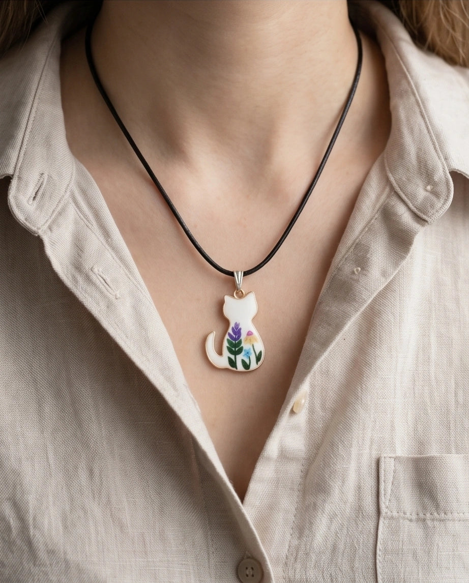 Artistic Floral Botanical Feline Silhouette Pendant Necklace