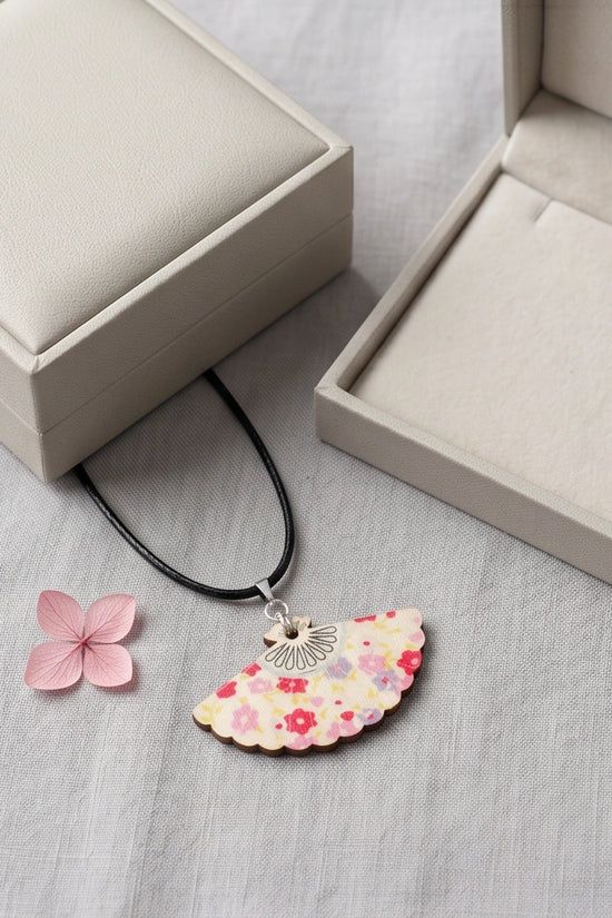 Vintage Pastel Pink Floral Hand-Fan Pendant Necklace