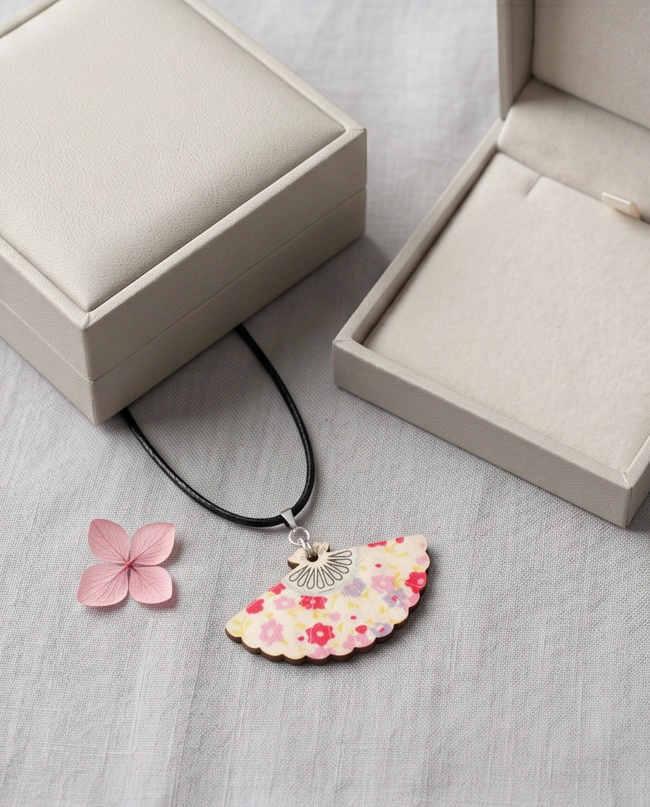 Vintage Pastel Pink Floral Hand-Fan Pendant Necklace