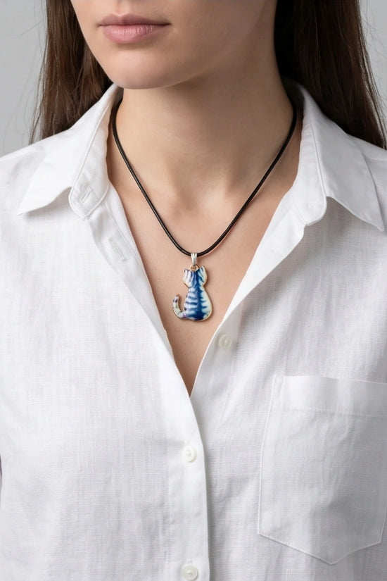 Artistic Blue Watercolor Feline Silhouette Pendant Necklace