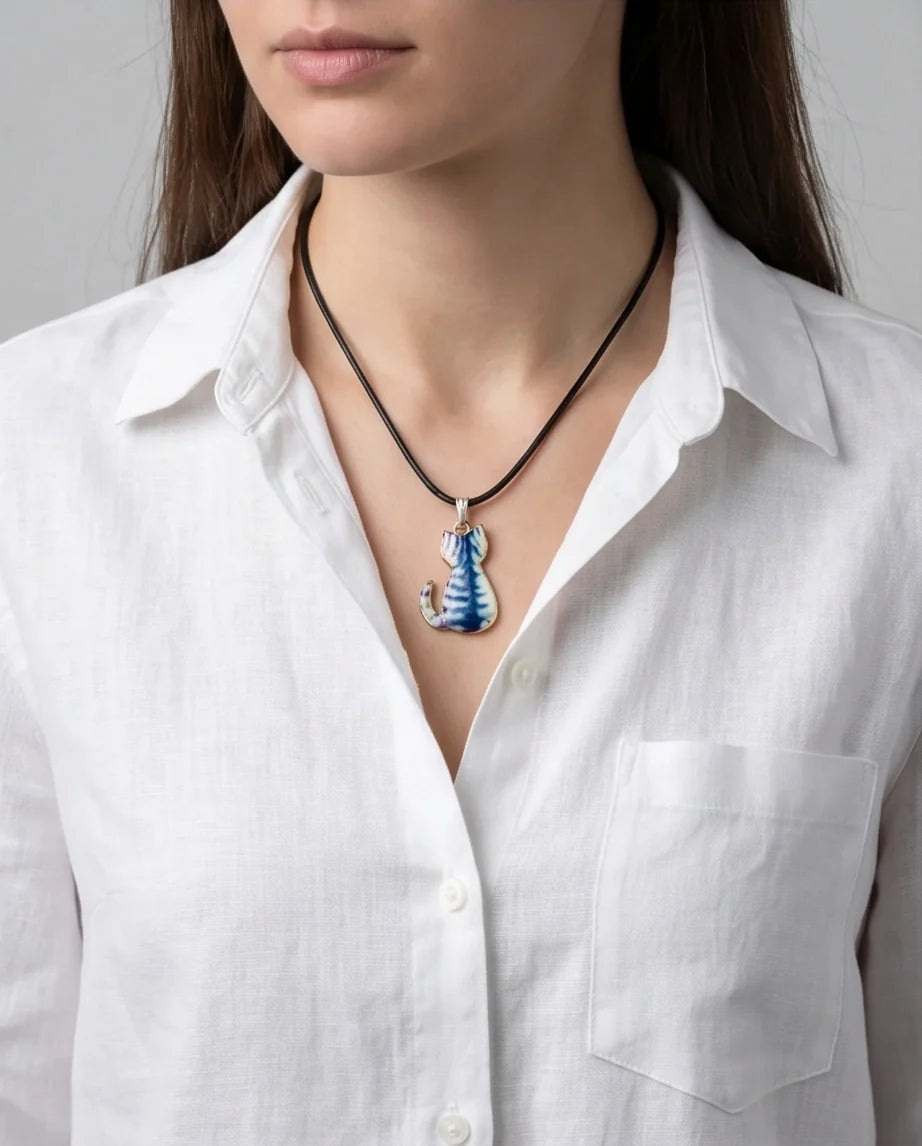 Artistic Blue Watercolor Feline Silhouette Pendant Necklace