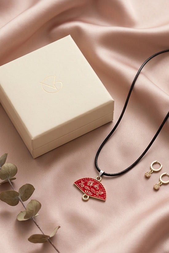 Traditional Red Folding Fan "Ji Xiang Ru Yi" Pendant Necklace