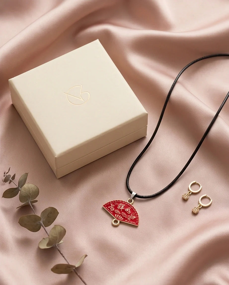 Traditional Red Folding Fan "Ji Xiang Ru Yi" Pendant Necklace