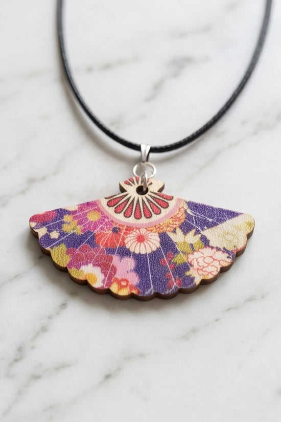 Vintage Purple Floral Hand-Fan Pendant Necklace