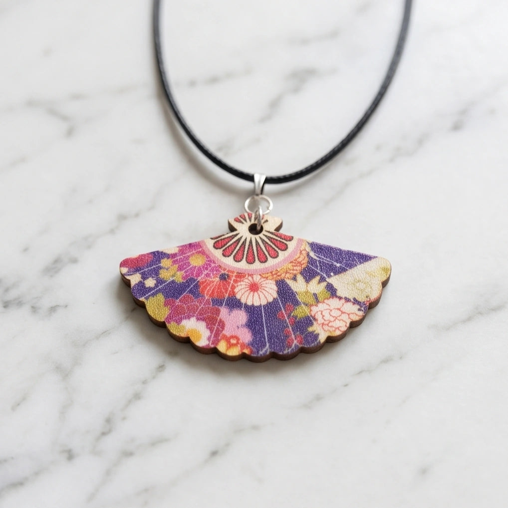 Vintage Purple Floral Hand-Fan Pendant Necklace