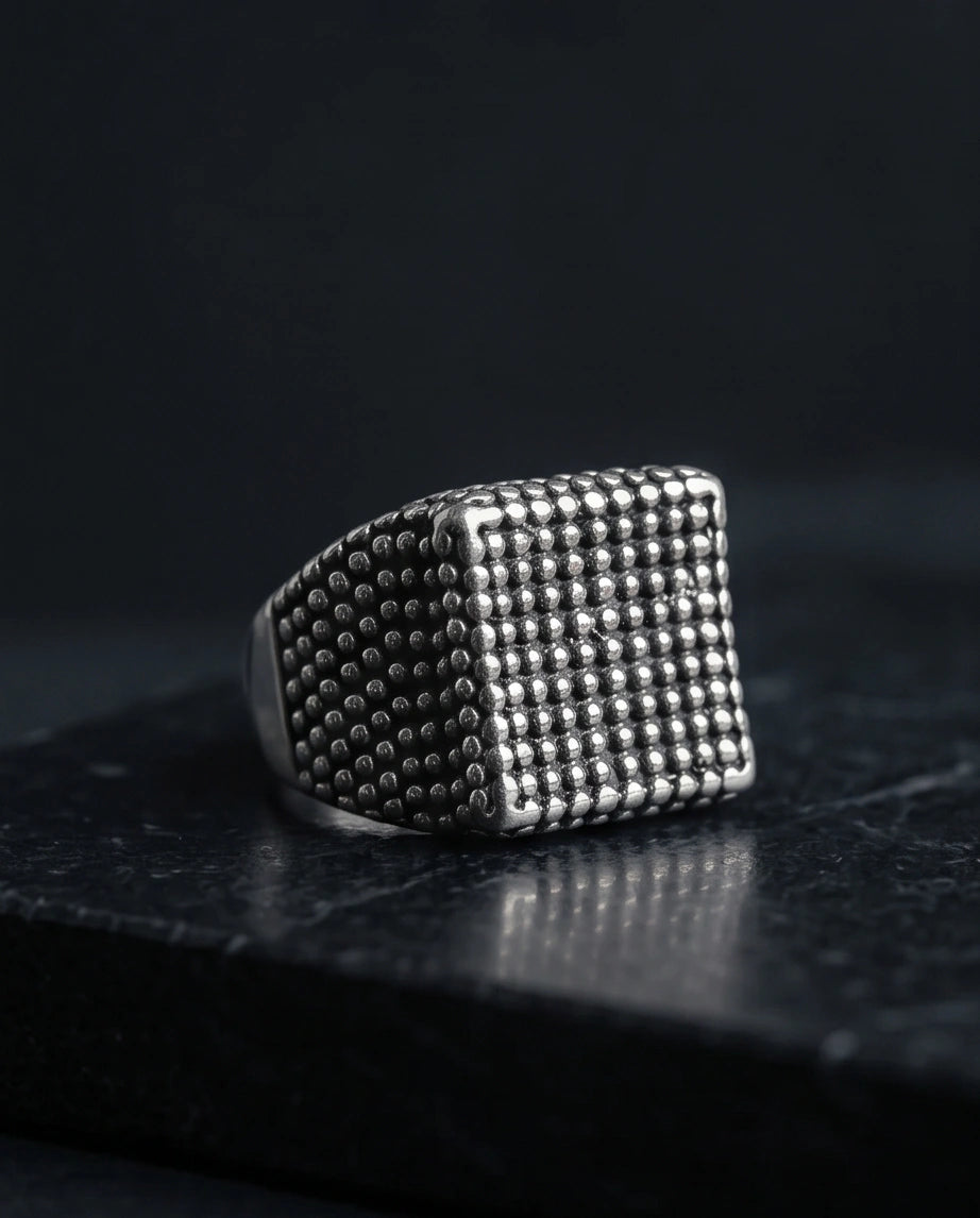 Vintage Sterling Silver Industrial Micro-Beaded Signet Ring