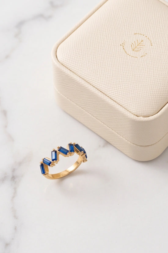 Gold Plated Blue Sapphire Baguette Zigzag Ring