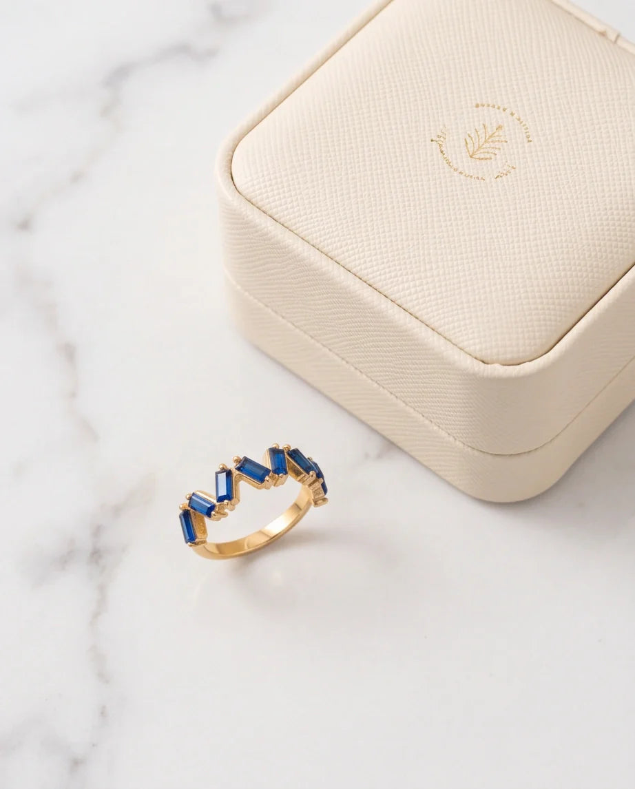 Gold Plated Blue Sapphire Baguette Zigzag Ring