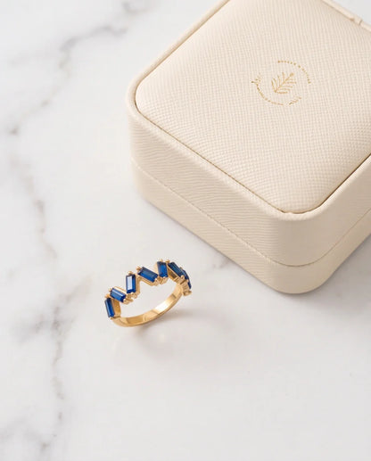 Gold Plated Blue Sapphire Baguette Zigzag Ring