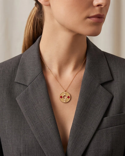 Gold Red Clover Medallion Necklace